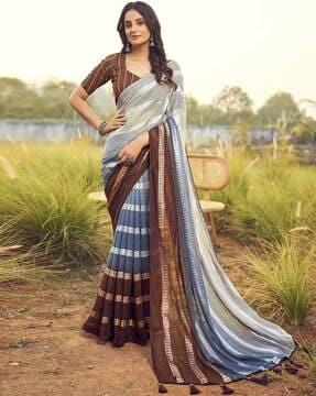 women striped georgette saree with tassels