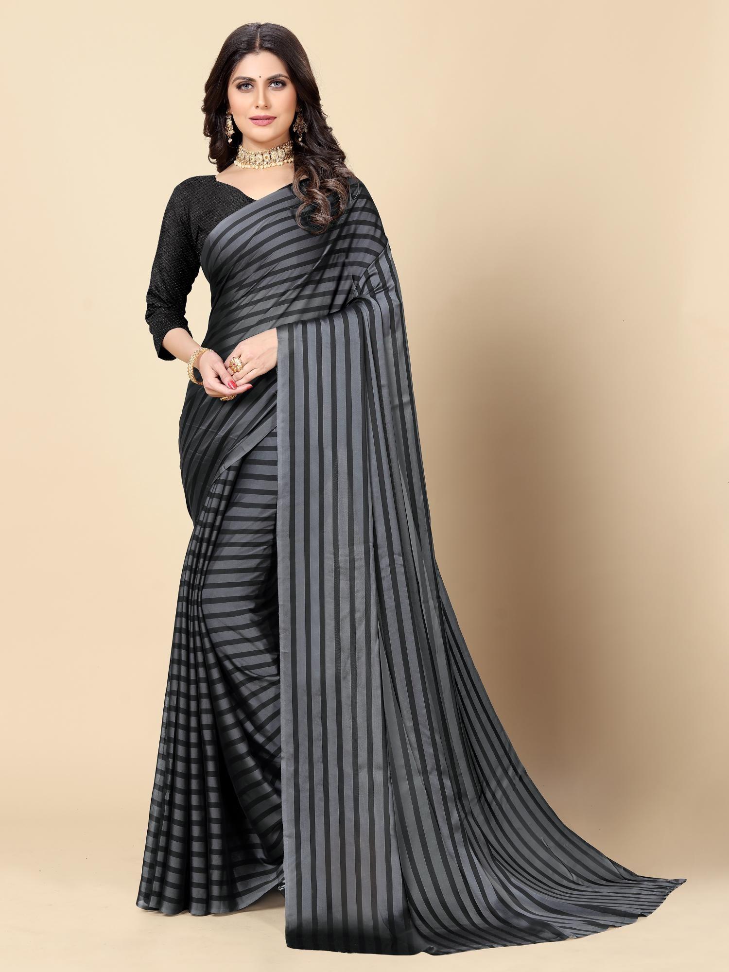 women striped georgette saree with unstitched blouse - grey