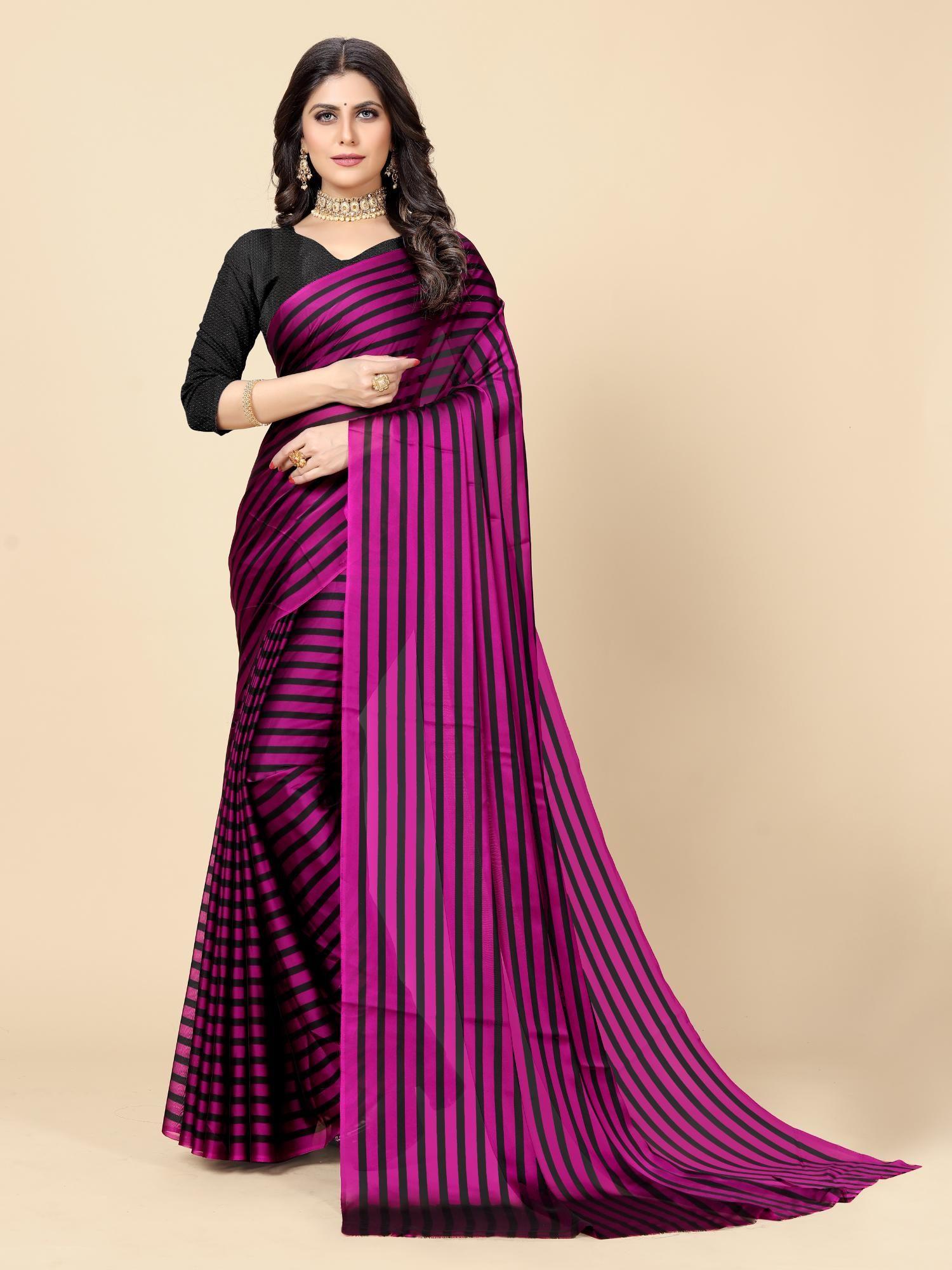 women striped georgette saree with unstitched blouse - purple