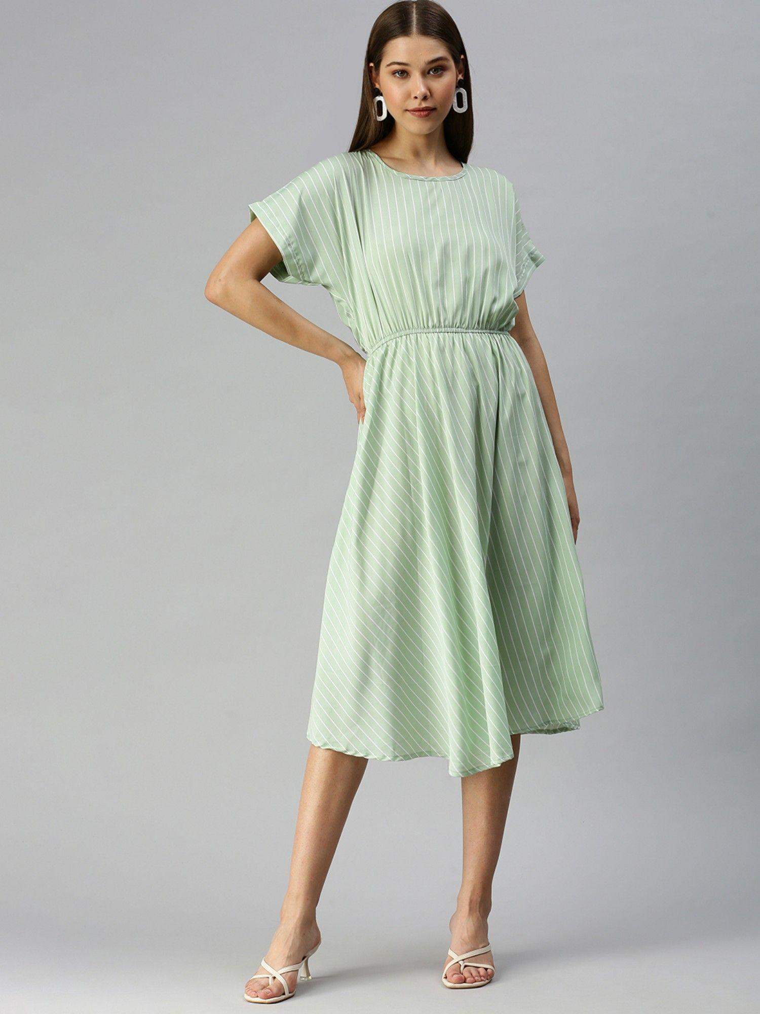 women striped green fit and flare dress