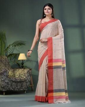 women striped handloom cotton saree with tassels