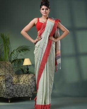 women striped handloom cotton saree with tassels