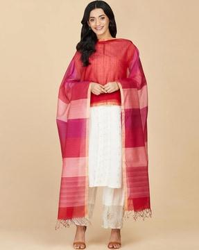 women striped handwoven dupatta with tassels