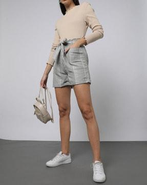 women striped high-rise paperbag shorts