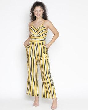 women striped jumpsuit with insert-pockets