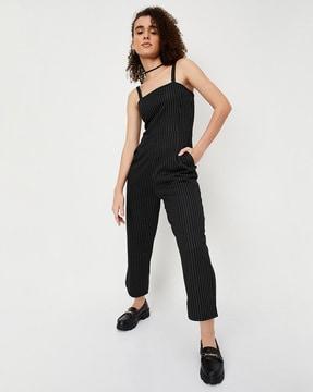women striped jumpsuit with insert pockets