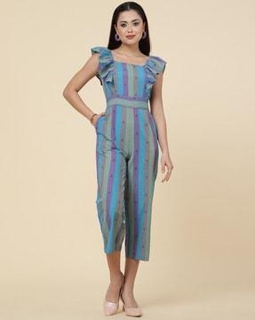 women striped jumpsuit with ruffled sleeves