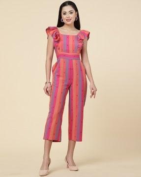 women striped jumpsuit with ruffled sleeves