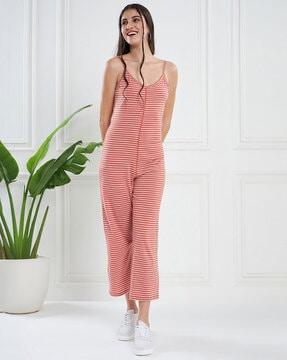 women striped jumpsuit with strappy sleeves