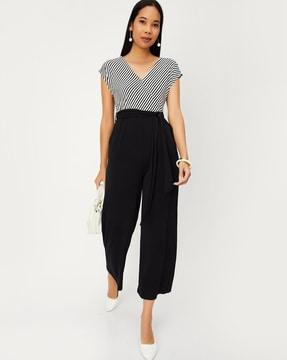 women striped jumpsuit with waist tie-up