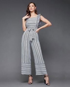 women striped jumpsuit with waist tie-up