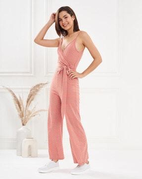 women striped jumpsuit with waist tie-up