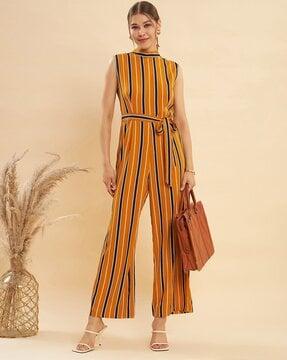 women striped jumpsuit with waist tie-up