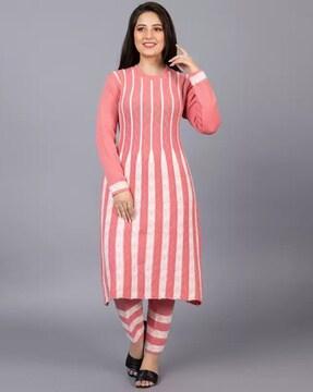 women striped-knit woolen a-line kurta with pants