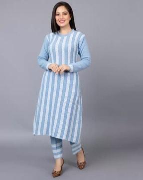 women striped-knit woolen a-line kurta with pants