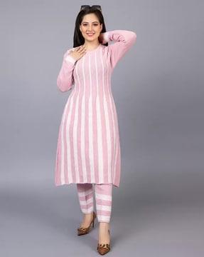 women striped-knit woolen a-line kurta with pants