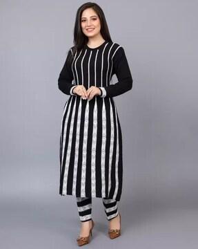 women striped-knit woolen a-line kurta with pants