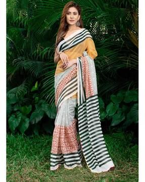 women striped linen saree