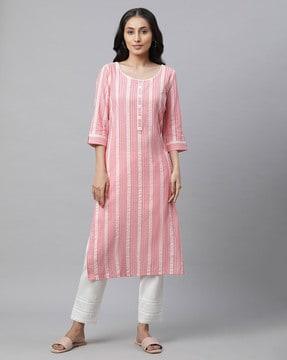 women striped no darts straight kurta