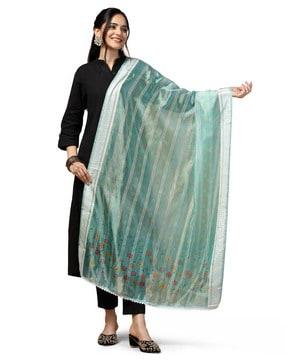 women striped organza dupatta with crochet work