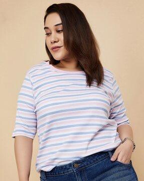 women striped oversized fit round-neck t-shirt