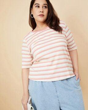 women striped oversized fit round-neck t-shirt