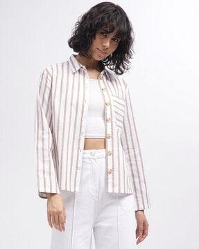 women striped oversized shirt with patch pocket
