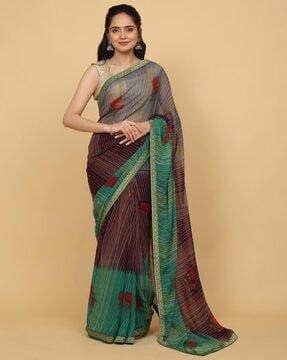 women striped poly silk saree