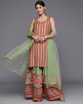 women striped print straight kurta with shahara & dupatta