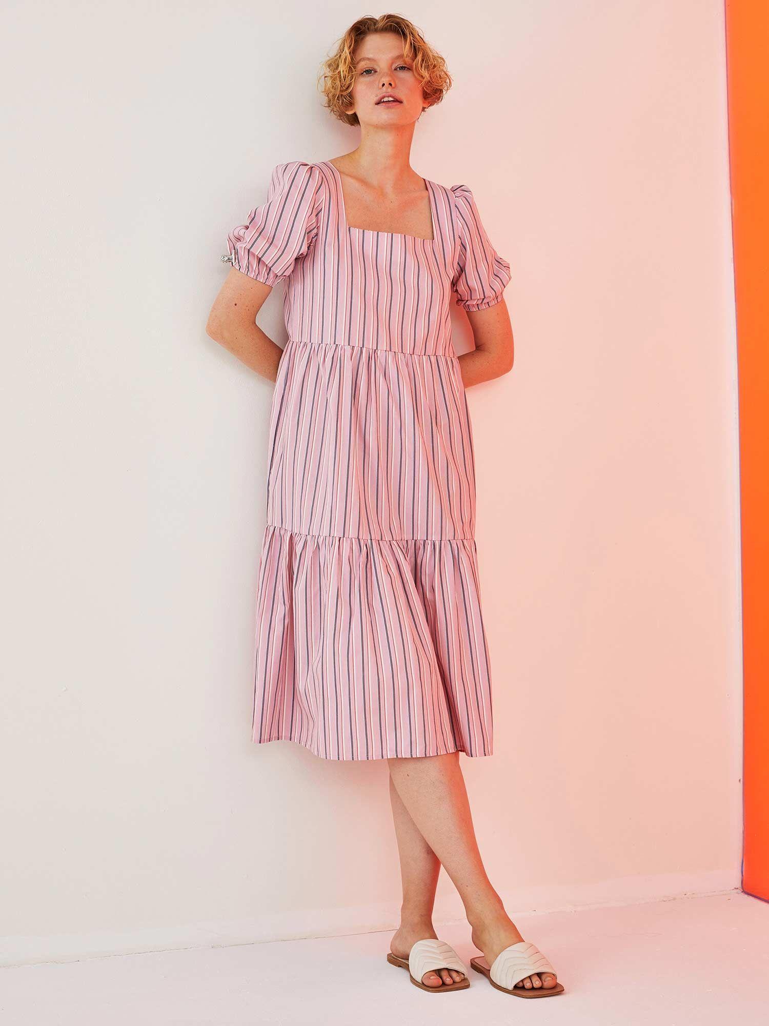 women striped puff sleeve poplin pink dress