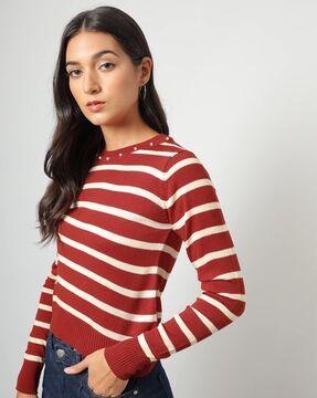 women striped pullover with embellished neckline