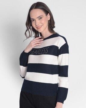 women striped pullover with round-neck