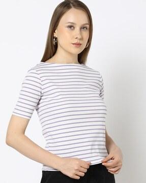 women striped regular fit boat-neck t-shirt