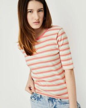 women striped regular fit round-neck t-shirt