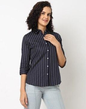 women striped regular fit shirt with bracelet sleeves