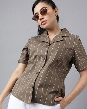women striped regular fit shirt with cuban collar