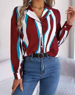 women striped regular fit shirt with full sleeves