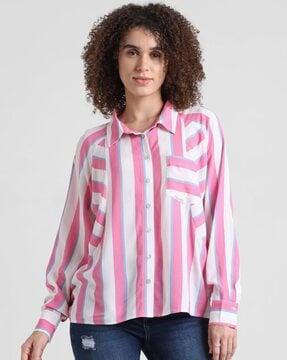 women striped regular fit shirt with patch pocket