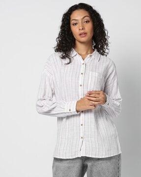 women striped regular fit shirt with patch pocket