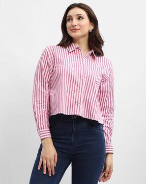 women striped regular fit shirt with spread collar