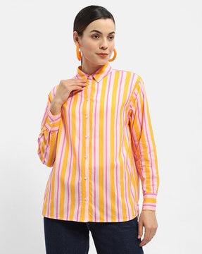 women striped regular fit shirt with spread collar