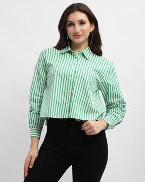 women striped regular fit shirt with spread collar