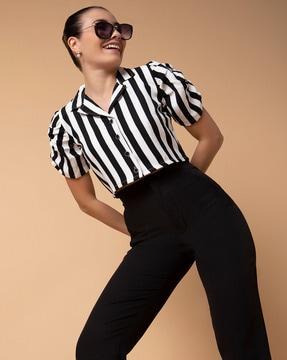 women striped regular fit top with short sleeves