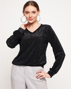 women striped regular fit top with v-neck