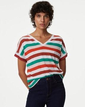 women striped regular fit v-neck t-shirt