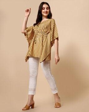 women striped relaxed fit top with kaftan sleeves