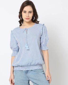 women striped relaxed fit top with ruffles