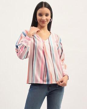 women striped relaxed fit top with v-neck