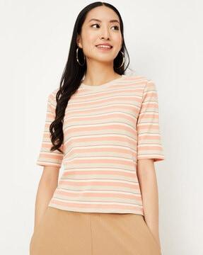 women striped ribbed regular fit round-neck t-shirt