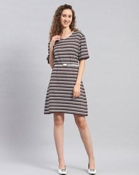 women striped round-neck a-line dress